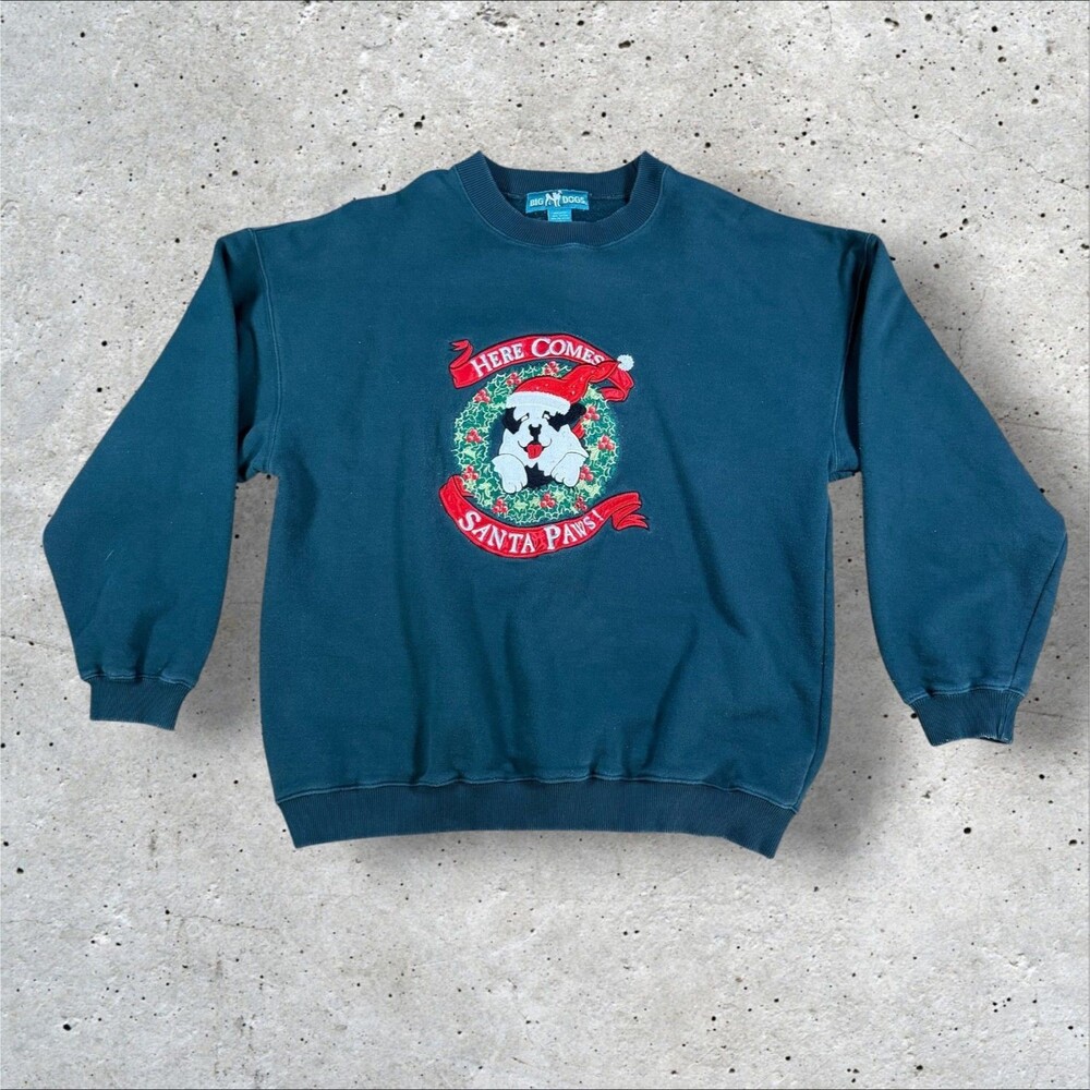 Vintage Big Dogs Christmas Sweatshirt Large L Green Santa Paws Dog Crewneck